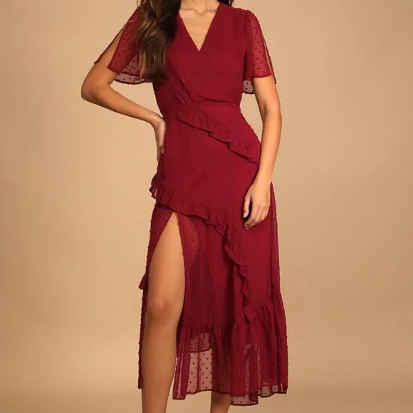 Lulu’s Burgundy Ruffle Dress - Picture 1 of 2